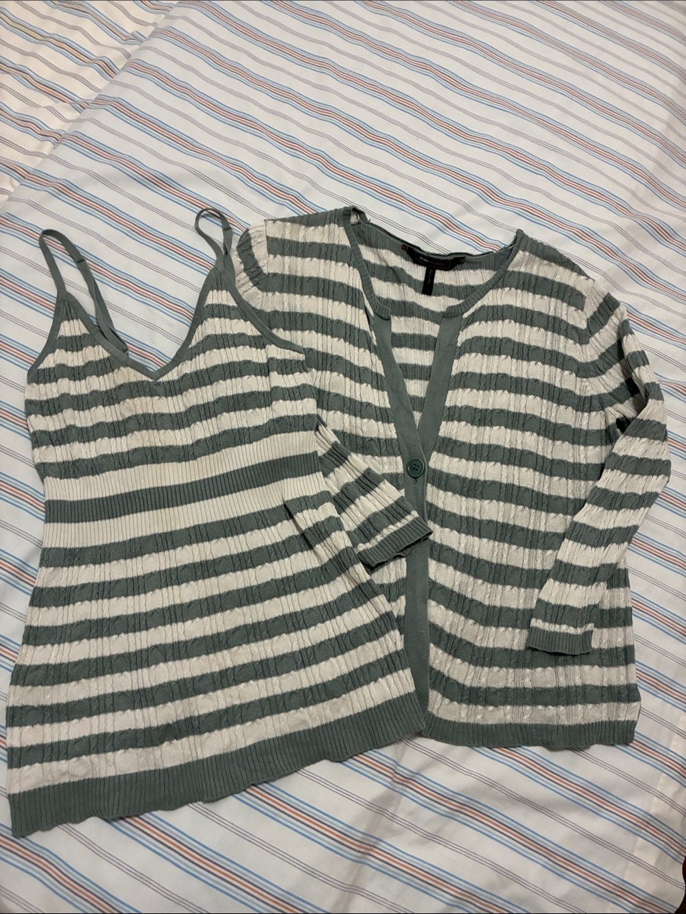 BCBGMaxAzria Striped Knit Tank & Cardigan Set - gray and Cream